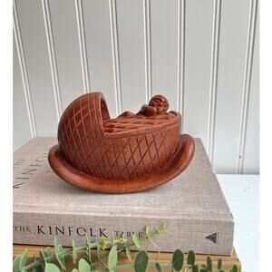 Jose Pinal Hand-Carved Wooden Cradle Figurine | Vintage Mexican Folk Art Signed